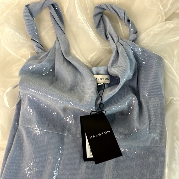 HALSTON Women's Keira Twist Strap Midi Dress in Soft Sequins Sky Blue - Picture 8 of 12